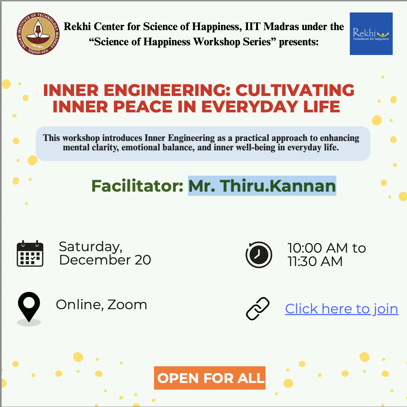 Workshop conducted on Inner Engineering: Cultivating Inner Peace in Everyday Life
